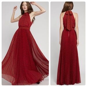 Alice and Olivia Kelissa Halter Pleat Maxi Dress in Mini Leopard Ruby & Black